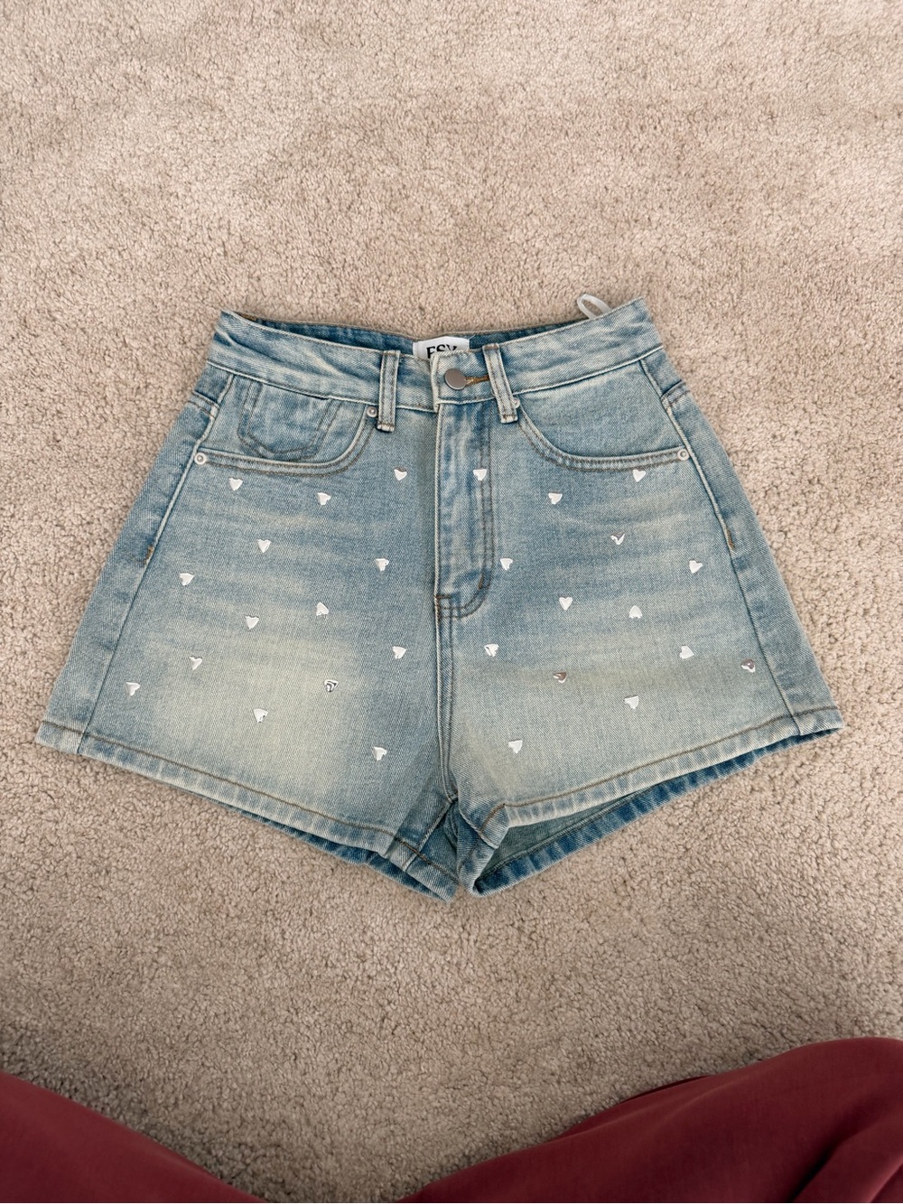 Light Blue Denim High-Waist Shorts with Heart Studs